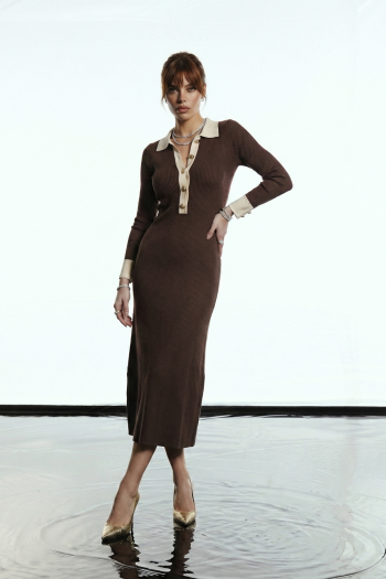 VESTIDO NATALIA TRICOT GOLA BICOLOR GLAMOROUS - MARROM