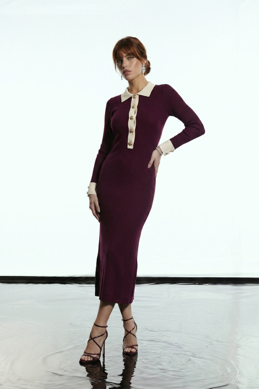 VESTIDO NATALIA TRICOT GOLA BICOLOR GLAMOROUS - VINHO