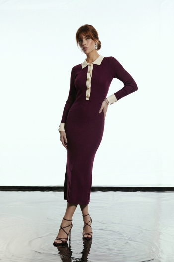 VESTIDO NATALIA TRICOT GOLA BICOLOR GLAMOROUS - VINHO