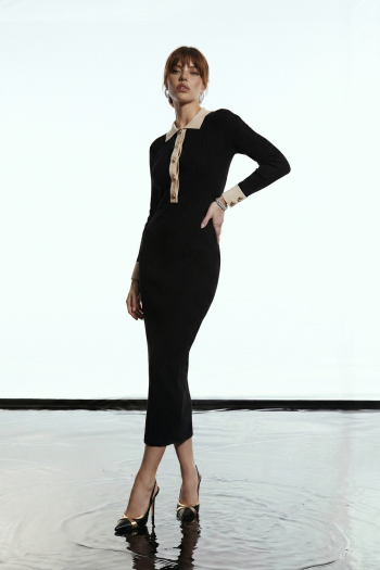 VESTIDO NATALIA TRICOT GOLA BICOLOR GLAMOROUS - PRETO