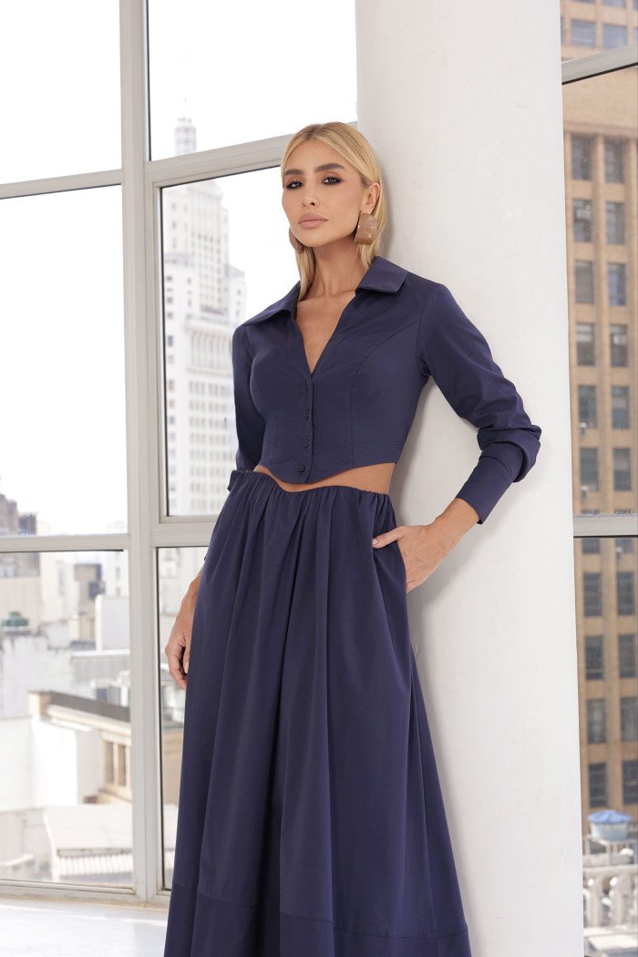 CONJUNTO KATARINA CAMISA COM SAIA EVASÊ - AZUL MARINHO
