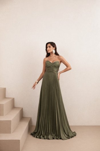 VESTIDO DE FESTA TANGARÁ PLISSADO - VERDE OLIVA