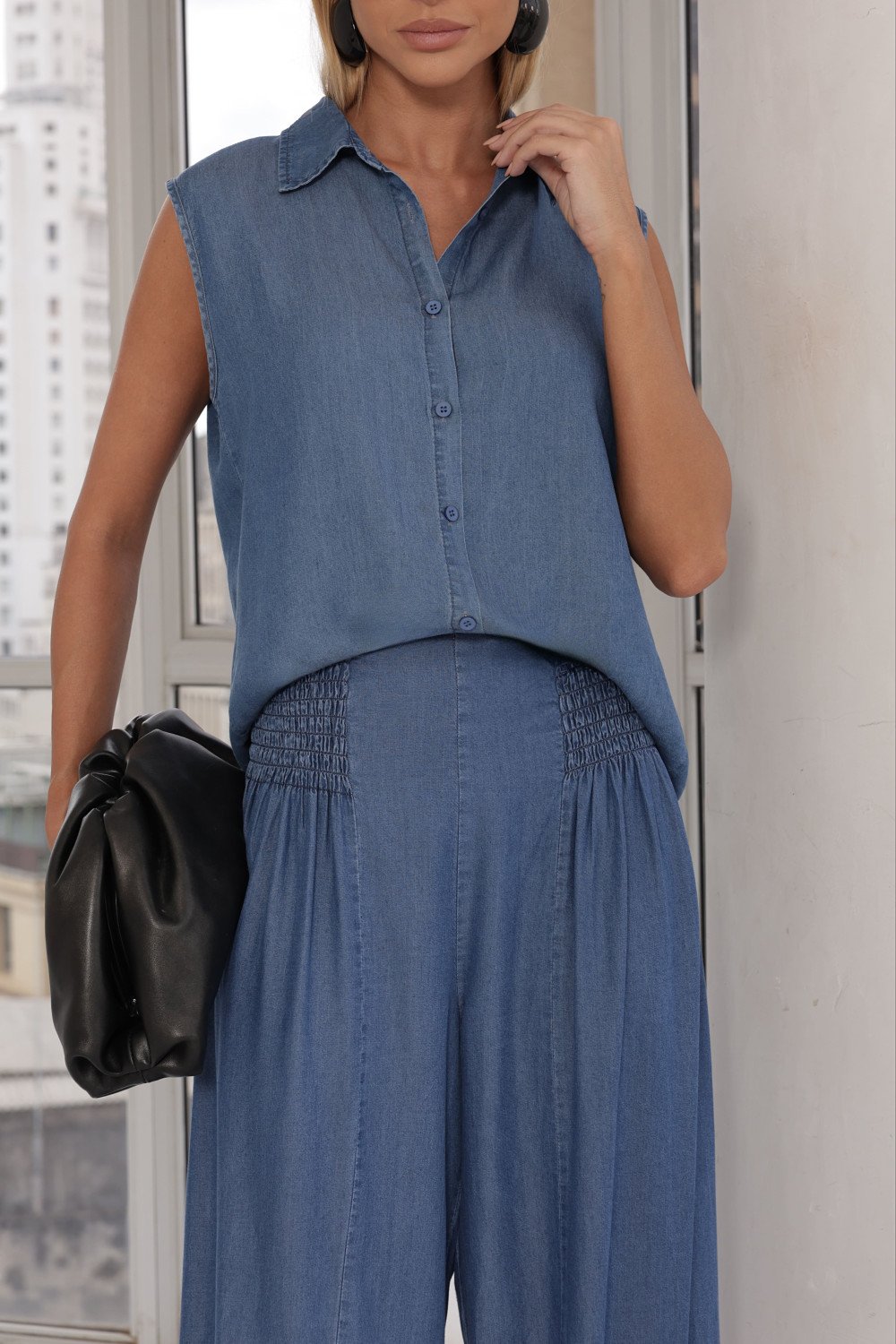 CALÇA JULLY ALADIM JEANS CHAMBRÉ - AZUL CLARO