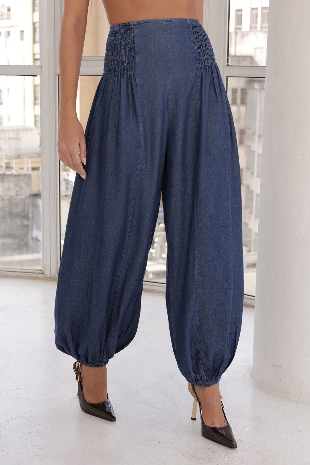 CALÇA JULLY ALADIM JEANS CHAMBRÉ - AZUL ESCURO