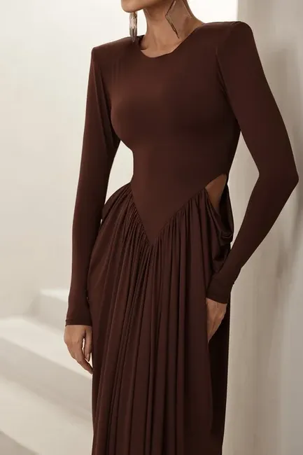 VESTIDO PARIS MANGA LONGA SAIA DRAPEADA - MARROM