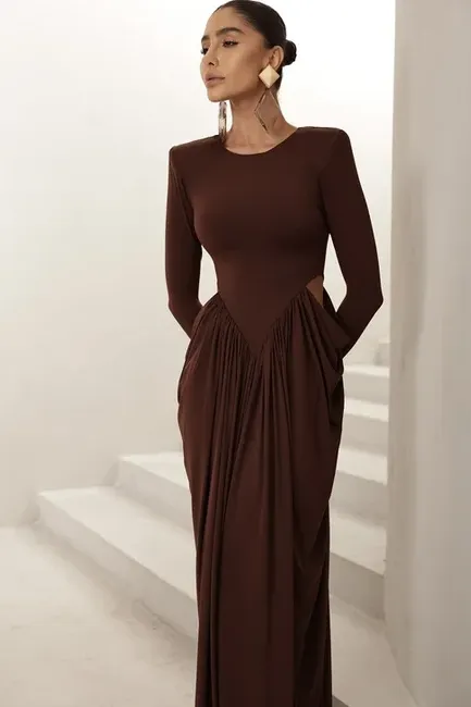 VESTIDO PARIS MANGA LONGA SAIA DRAPEADA - MARROM