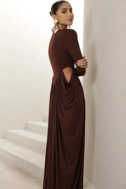 VESTIDO PARIS MANGA LONGA SAIA DRAPEADA - MARROM