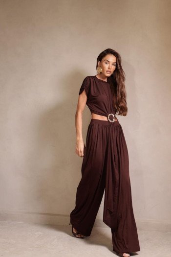 CONJUNTO RENATA CALÇA E BLUSA CROPPED OMBREIRAS - MARROM