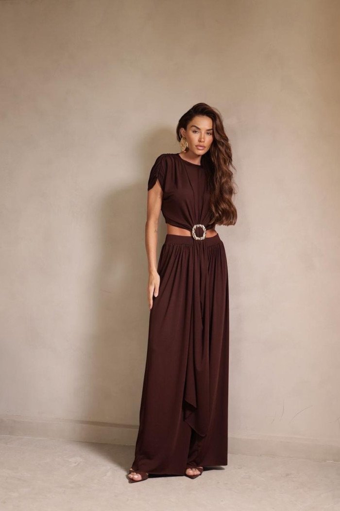 CONJUNTO RENATA CALÇA E BLUSA CROPPED OMBREIRAS - MARROM
