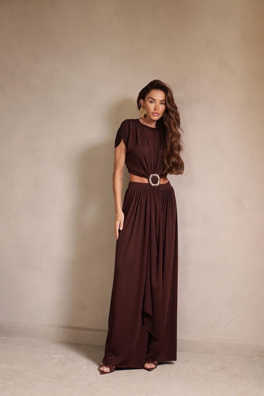 CONJUNTO RENATA CALÇA E BLUSA CROPPED OMBREIRAS - MARROM