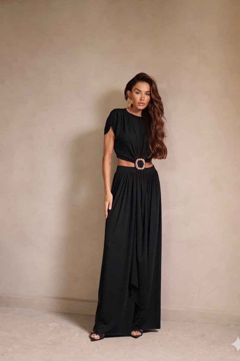 CONJUNTO RENATA CALÇA E BLUSA CROPPED OMBREIRAS - PRETO