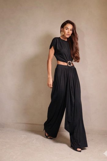 CONJUNTO RENATA CALÇA E BLUSA CROPPED OMBREIRAS - PRETO