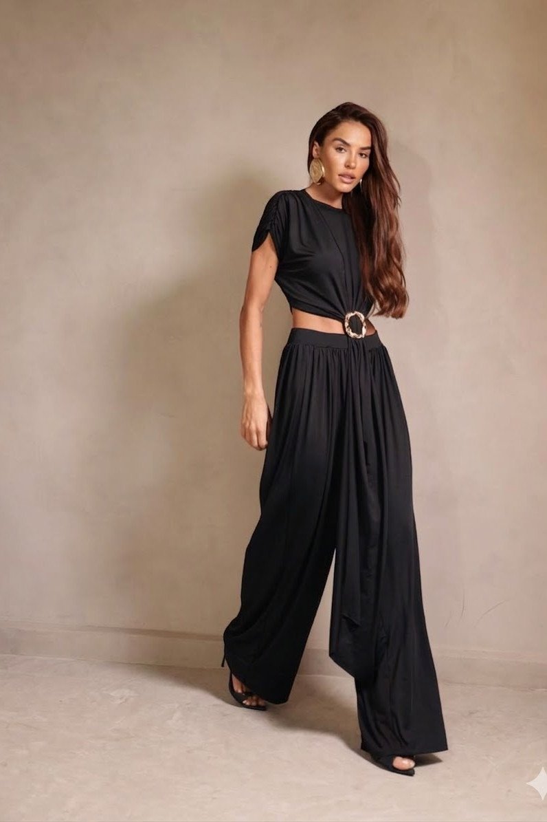 CONJUNTO RENATA CALÇA E BLUSA CROPPED OMBREIRAS - PRETO