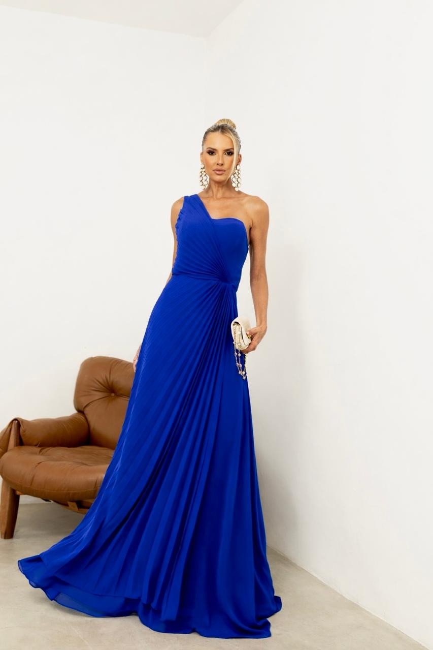 VESTIDO DE FESTA CHARLOTTE PLISSADO LATERAL UM OMBRO - AZUL ROYAL
