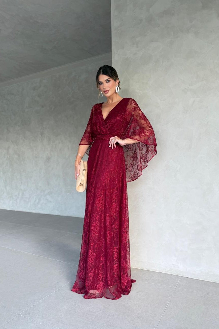 VESTIDO DE FESTA LONGO MARILIA CAPA TRANSPASSADA - MARSALA