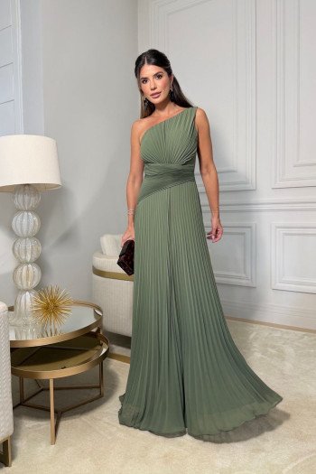 VESTIDO DE FESTA ALICIA UM OMBRO PLISSADO - VERDE OLIVA