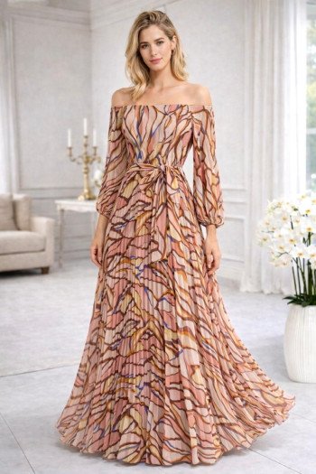 VESTIDO LONGO ESTAMPADO OMBRO A OMBRO SAIA PLISSADA - ROSÉ