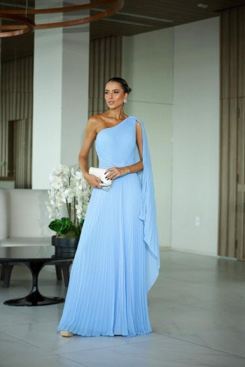 VESTIDO DE FESTA LONGO VALENTINA CAPA PLISSADA UM OMBRO - AZUL SERENITY