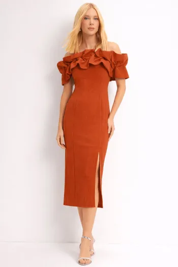 VESTIDO OMBRO A OMBRO MIDI BABADOS PATY - MARROM