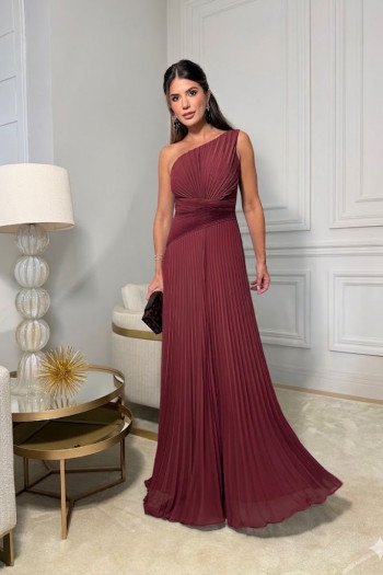 VESTIDO DE FESTA ALICIA UM OMBRO PLISSADO - MARSALA