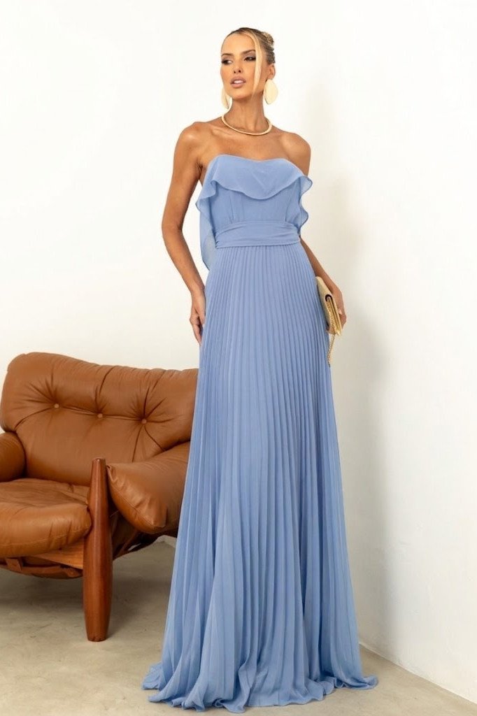 VESTIDO LONGO DE FESTA CHIFFON T.Q.C. DETALHE BABADO - AZUL SERENITY