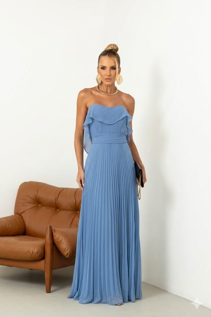 VESTIDO LONGO DE FESTA CHIFFON T.Q.C. DETALHE BABADO - AZUL SERENITY