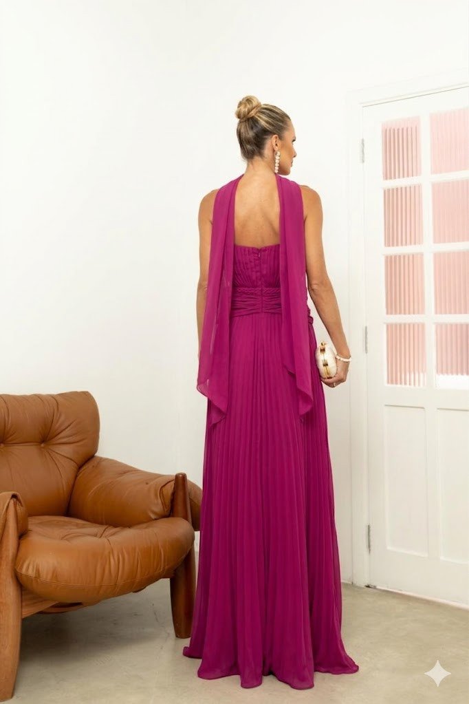 VESTIDO DE FESTA JOSEPHINE PLISSADO CHOKER - FÚCSIA