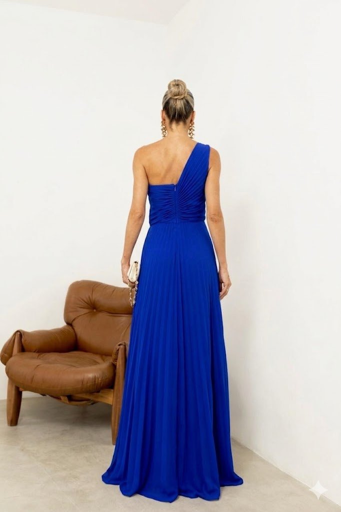 VESTIDO DE FESTA CHARLOTTE PLISSADO LATERAL UM OMBRO - AZUL ROYAL