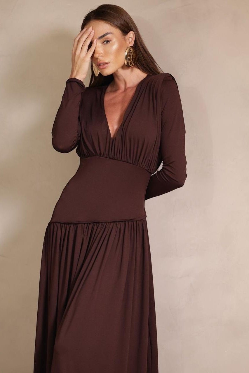VESTIDO YASMIN JERSEY MANGA LONGA - MARROM