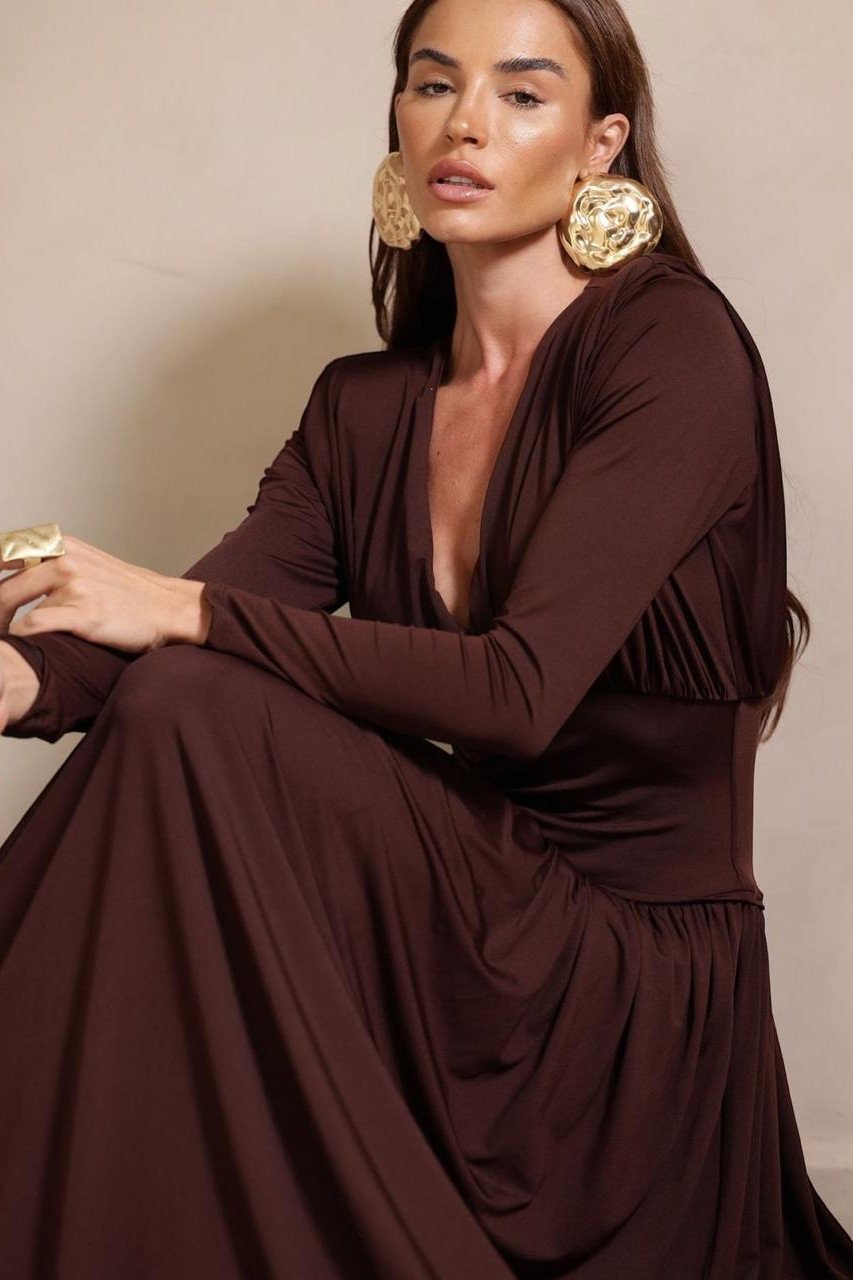 VESTIDO YASMIN JERSEY MANGA LONGA - MARROM