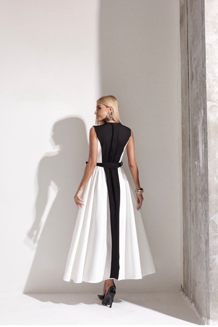 VESTIDO DUAL BICOLOR MIDI EVASÊ - BRANCO COM PRETO