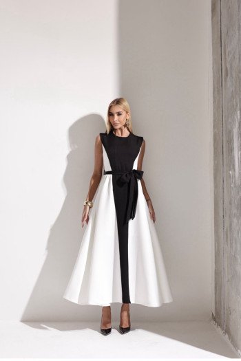 VESTIDO DUAL BICOLOR MIDI EVASÊ - BRANCO COM PRETO