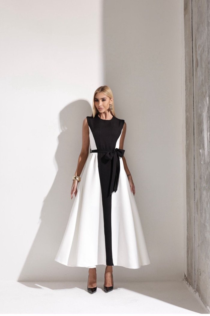 VESTIDO DUAL BICOLOR MIDI EVASÊ - BRANCO COM PRETO