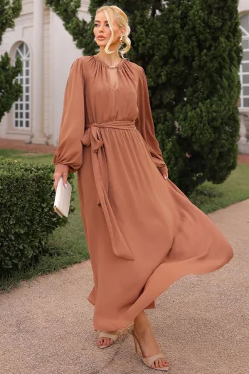 VESTIDO LONGO DARA MANGA LONGA - CAMEL