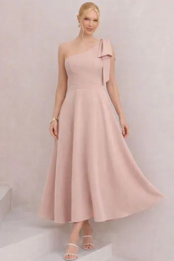 VESTIDO GLÁUCIA UM OMBRO COM LAÇO - BEGE