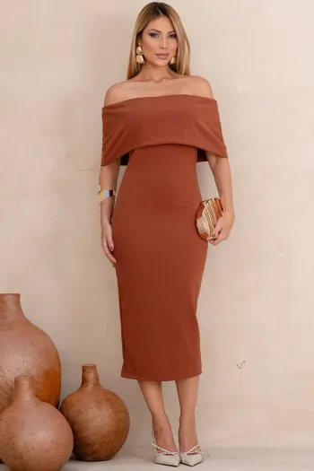 VESTIDO AYLA MIDI OMBRO A OMBRO - MARROM