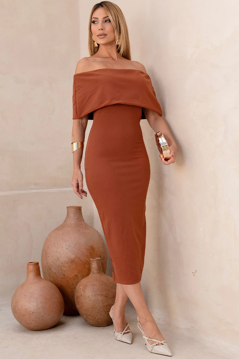 VESTIDO AYLA MIDI OMBRO A OMBRO - MARROM