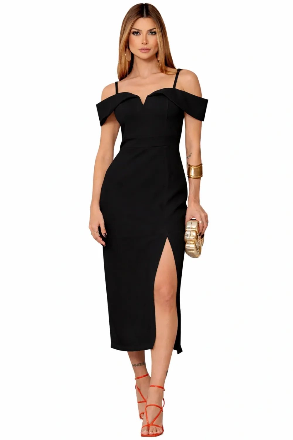 VESTIDO CLARITA MIDI OMBRO A OMBRO COM ALÇA - PRETO