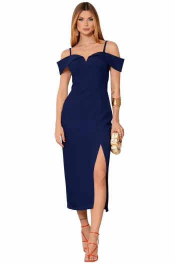 VESTIDO CLARITA MIDI OMBRO A OMBRO COM ALÇA - AZUL MARINHO