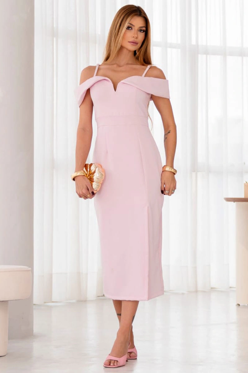 VESTIDO CLARITA MIDI OMBRO A OMBRO COM ALÇA - ROSA CLARO