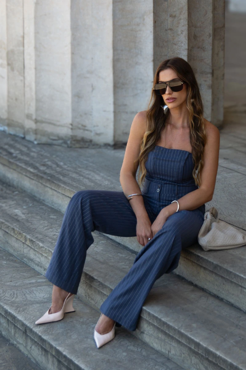 CONJUNTO IEDA PANTALONA E CROPPED RISCA DE GIZ - AZUL