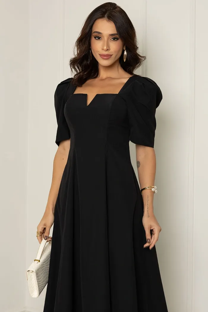 VESTIDO DAFNY DECOTE V COM MANGA - PRETO