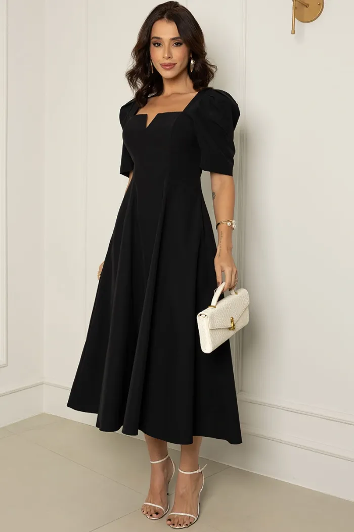 VESTIDO DAFNY DECOTE V COM MANGA - PRETO