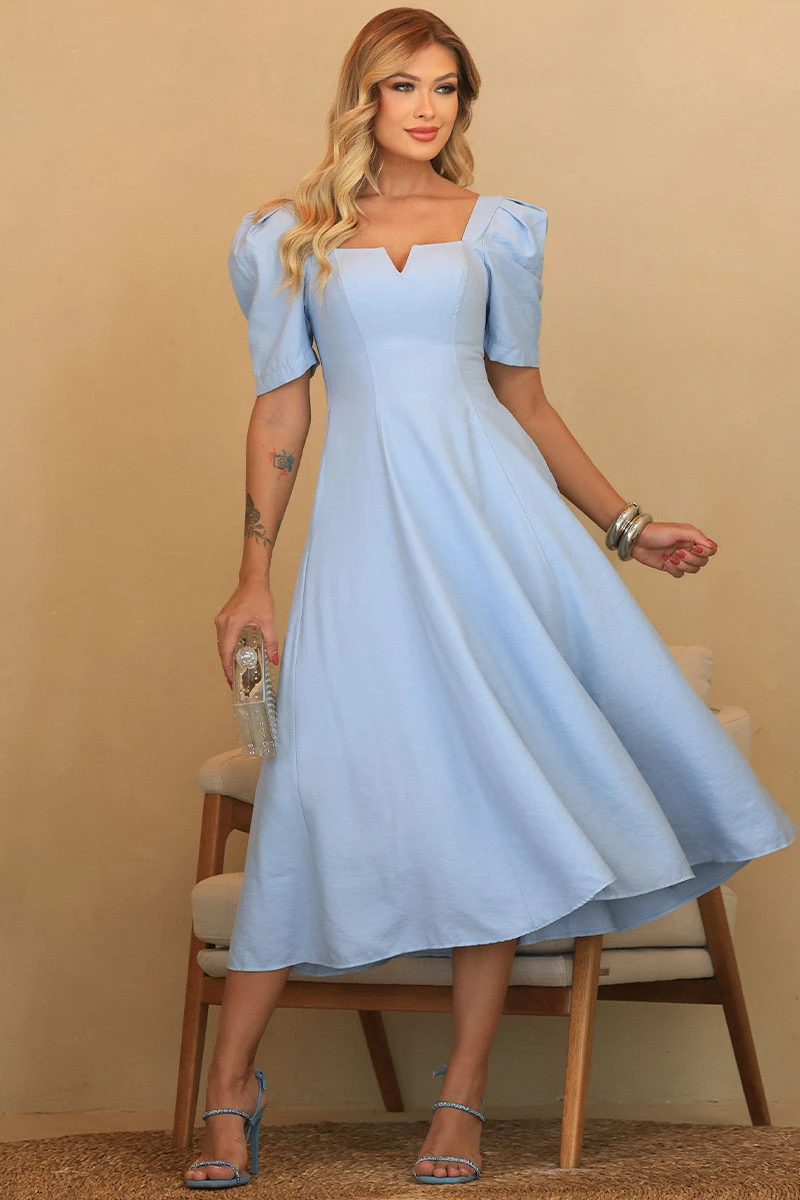 VESTIDO DAFNY DECOTE V COM MANGA - AZUL