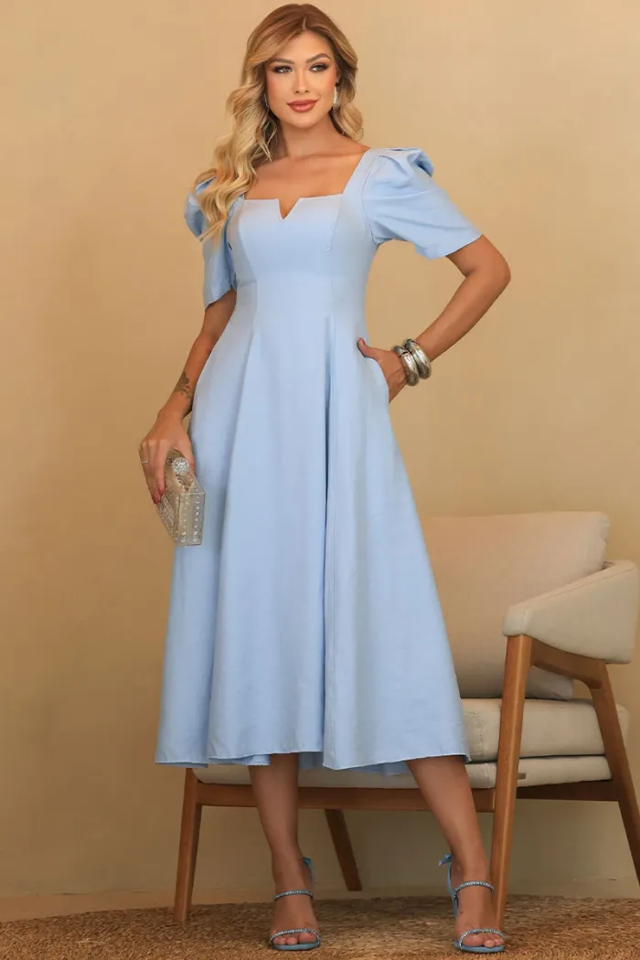 VESTIDO DAFNY DECOTE V COM MANGA - AZUL