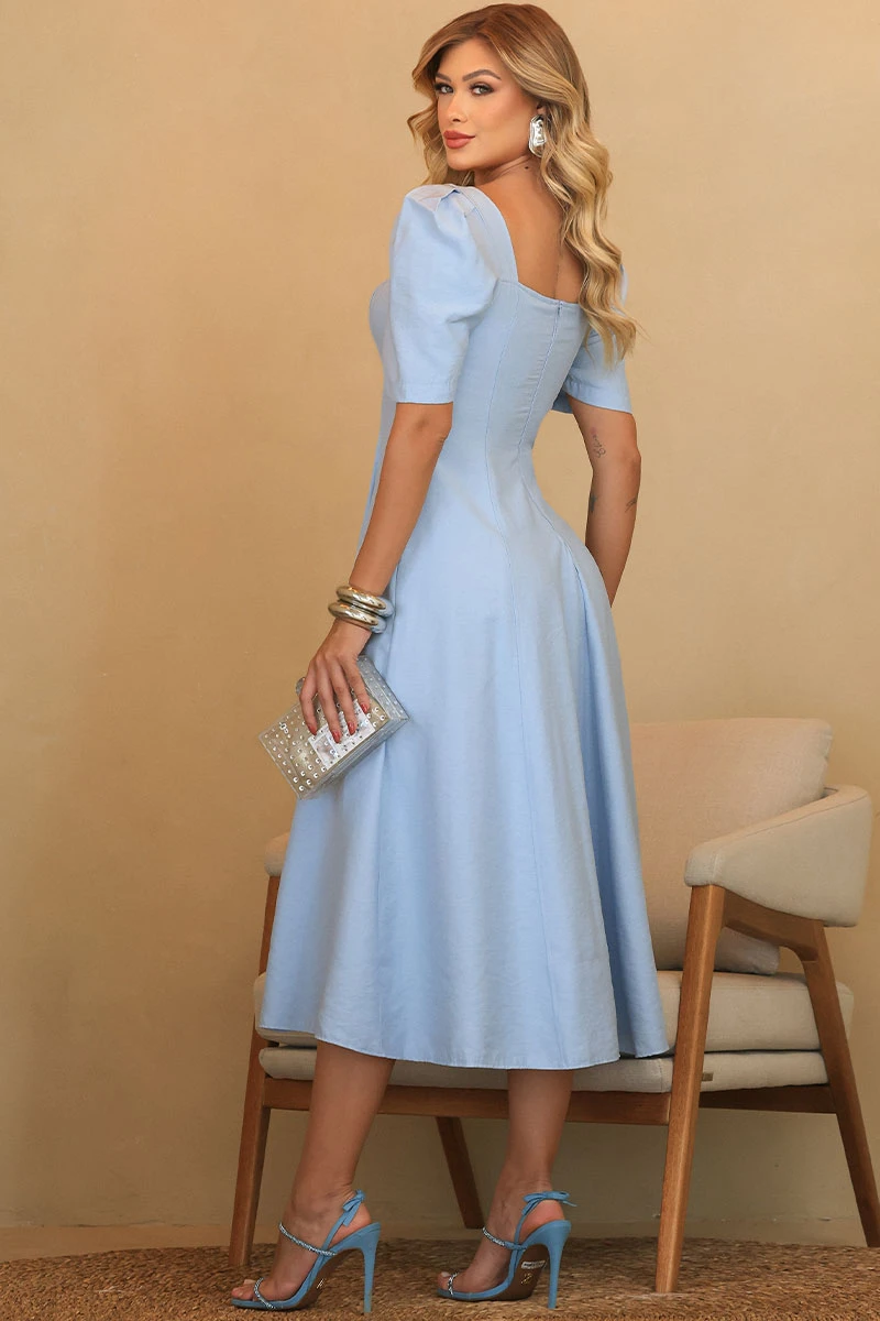 VESTIDO DAFNY DECOTE V COM MANGA - AZUL