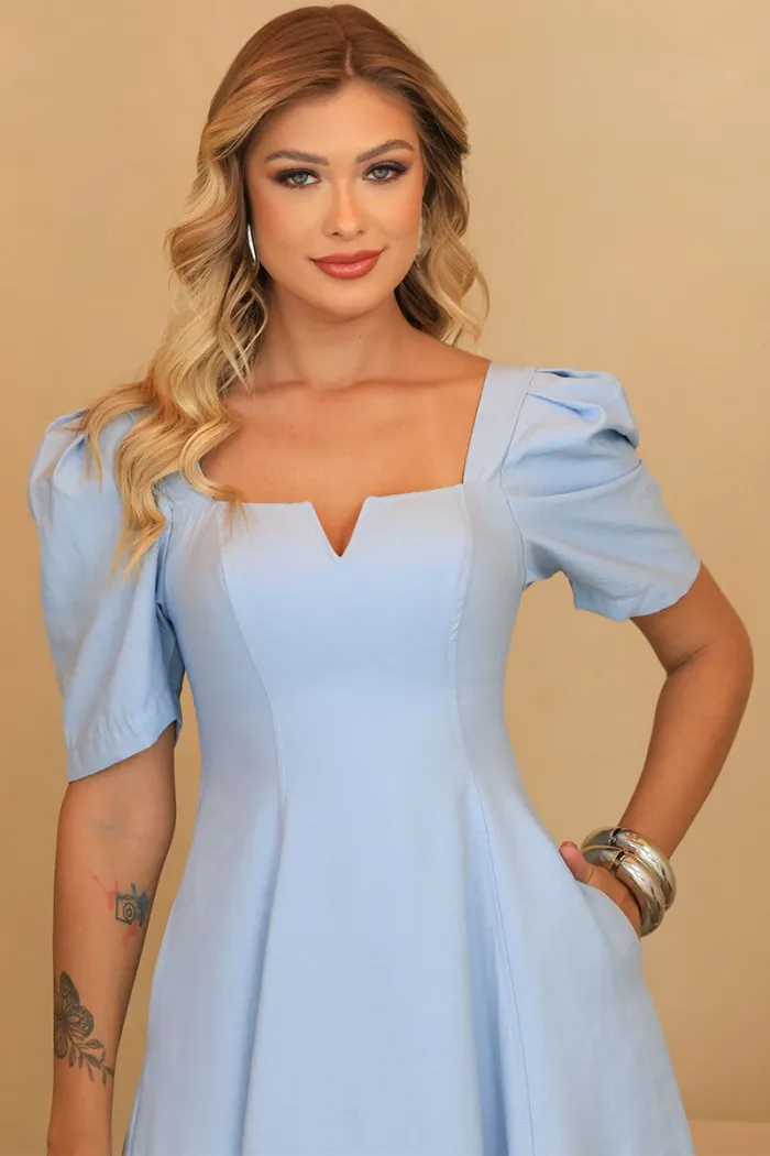 VESTIDO DAFNY DECOTE V COM MANGA - AZUL