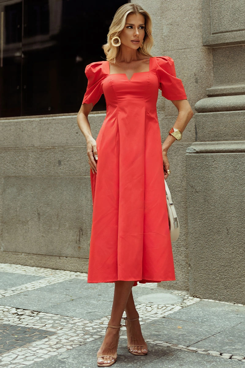 VESTIDO DAFNY DECOTE V COM MANGA - VERMELHO