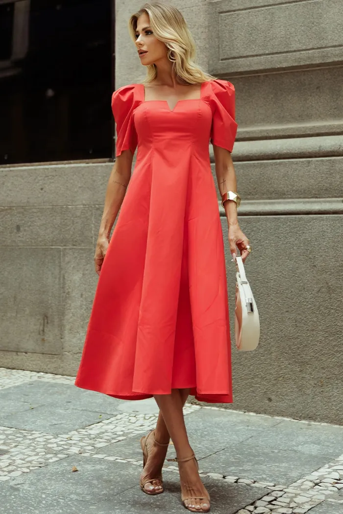 VESTIDO DAFNY DECOTE V COM MANGA - VERMELHO