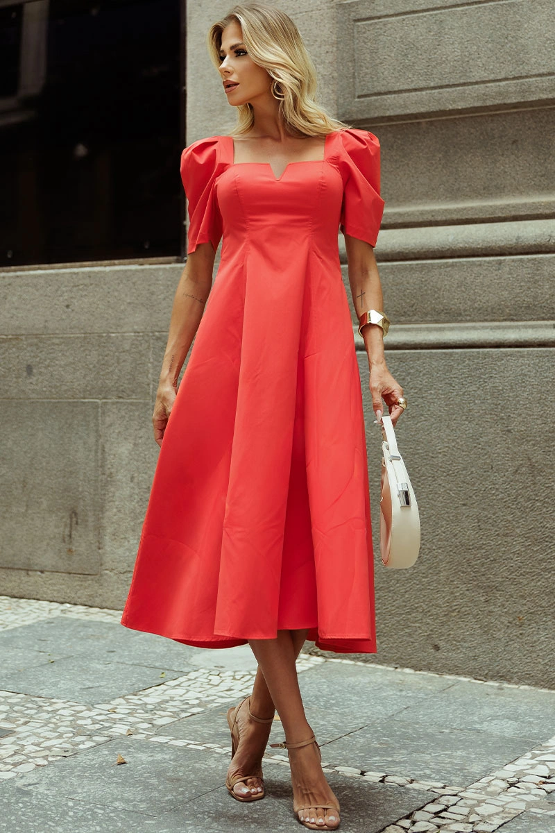 VESTIDO DAFNY DECOTE V COM MANGA - VERMELHO